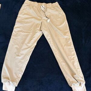 FIGS Zamora Jogger Scrub Pants Tan Khaki Women Large W21SW2036 Cargo Pockets